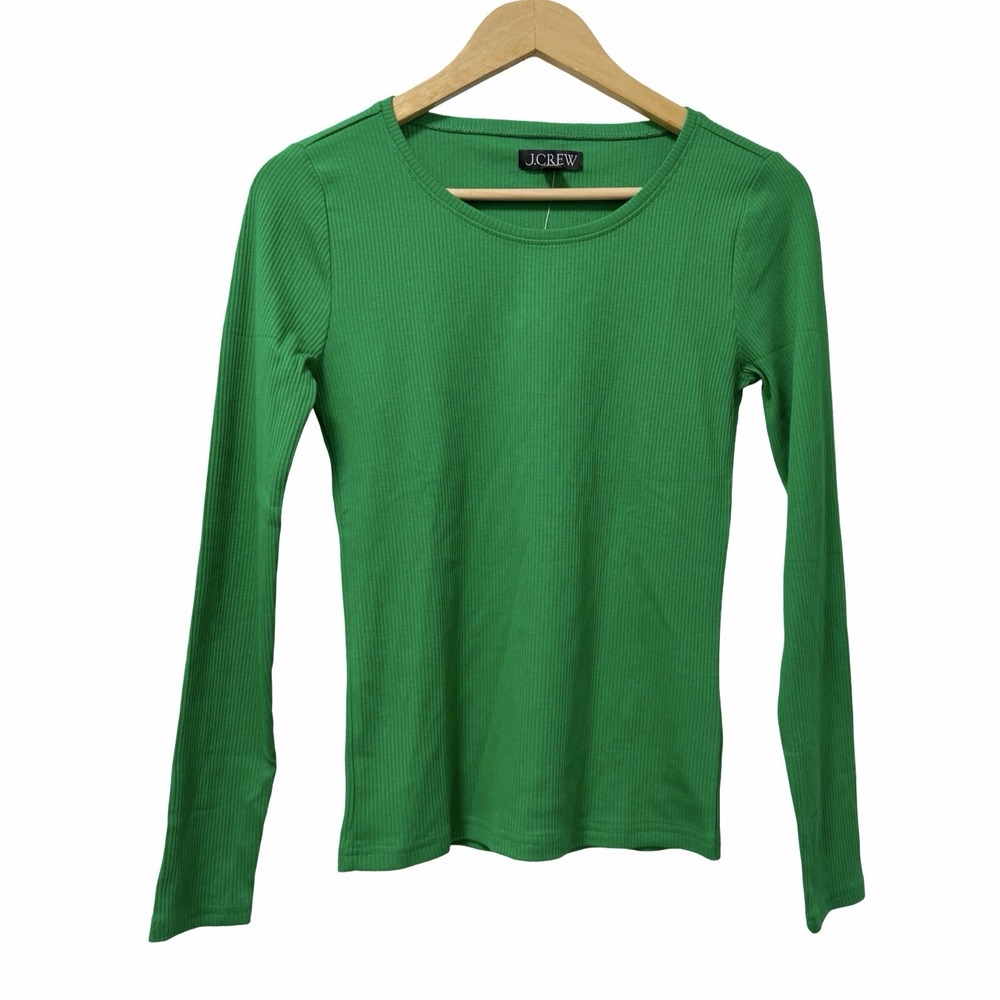 J Crew Vintage Rib Crew Neck Long Sleeve Top Size S Kelly Green Preppy NEW